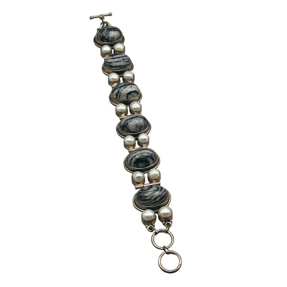 Grey Jasper & Pearls Bracelet Sterling Silver 925 Semi Rigid Long Toggle Clasp